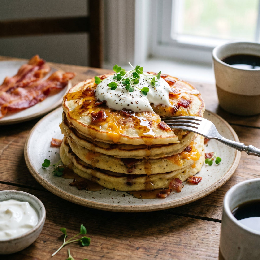 Bacon Cheddar Pancakes with Sour Cream & Cilantro Microgreens