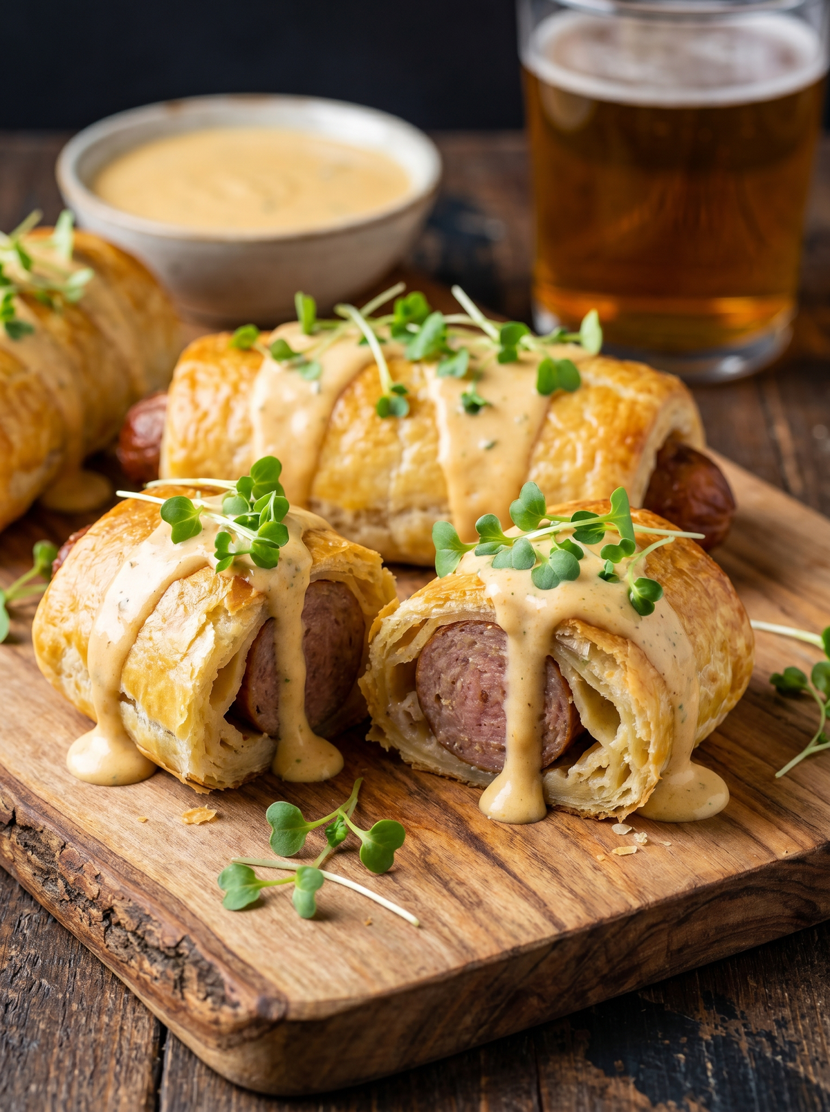 Puff Pastry Bratwurst with Beer & Cheese Sauce