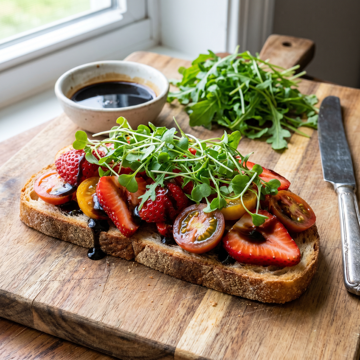 Strawberry Tomato Balsamic Toast with Arugula Microgreens