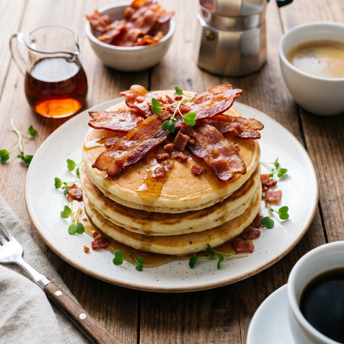 Sweet & Savory Pancakes with Crispy Bacon, Maple Syrup