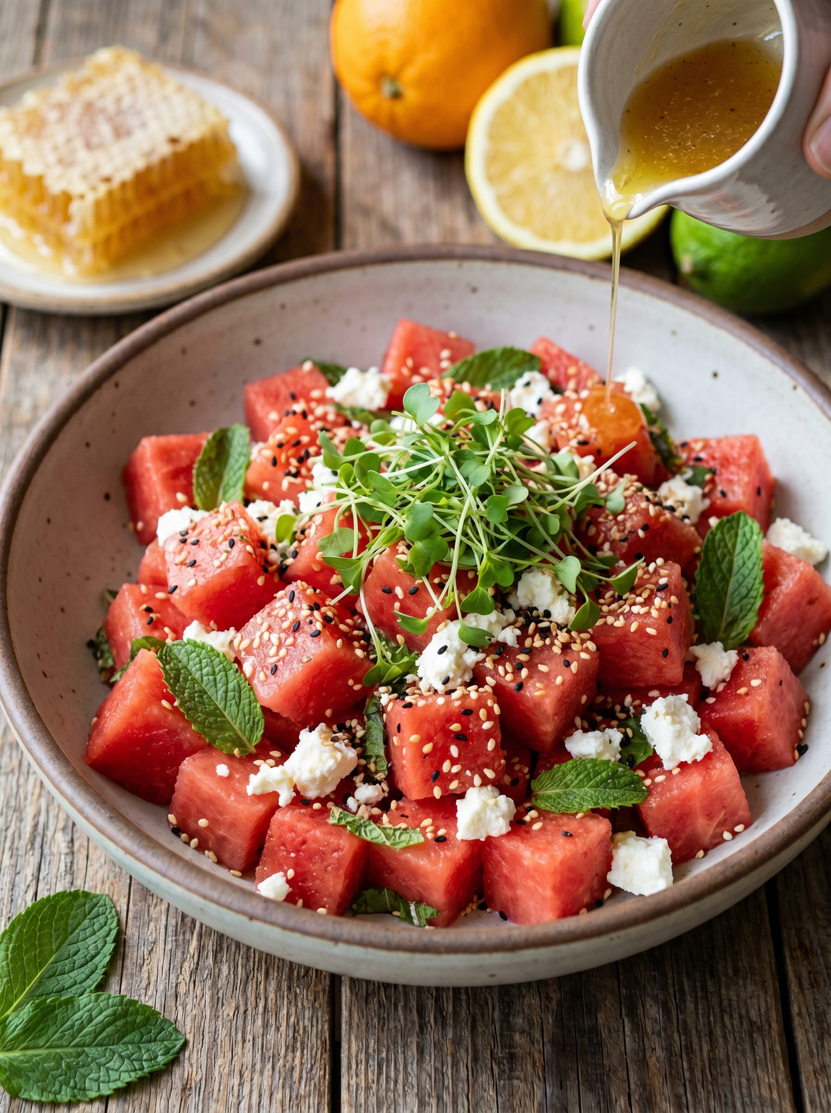 Watermelon, Feta & Mint Salad with Toasted Sesame & Citrus Honey Dressing