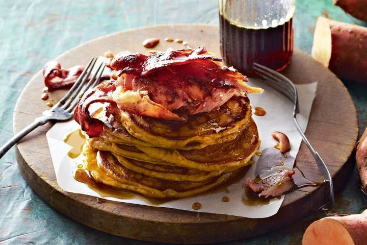 Bacon Cheddar Pancakes with Sour Cream & Cilantro Microgreens