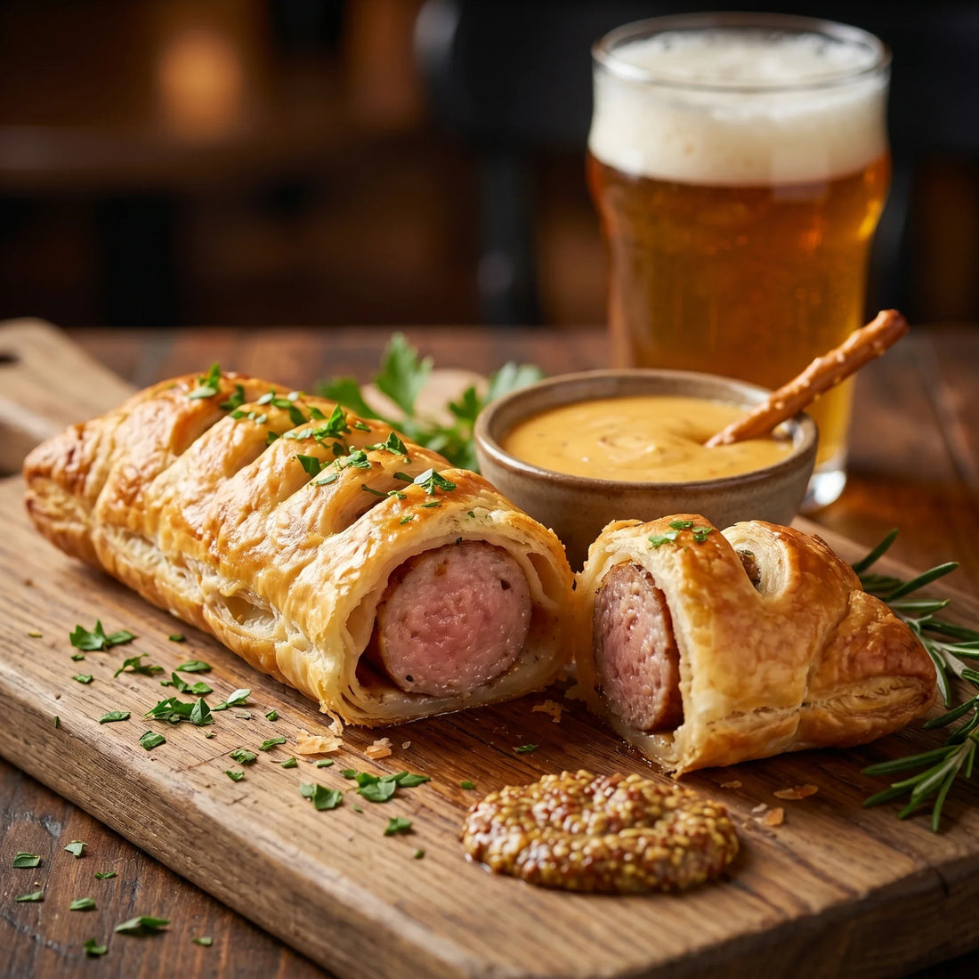 Puff Pastry Bratwurst with Beer & Cheese Sauce